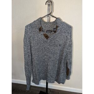 Chaps Men's Sweater - XXL - Blue Marled Knit with Suede Details
